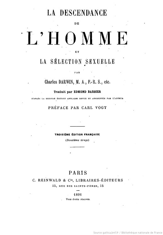 La Descendance de l’homme et la sélection sexuelle
