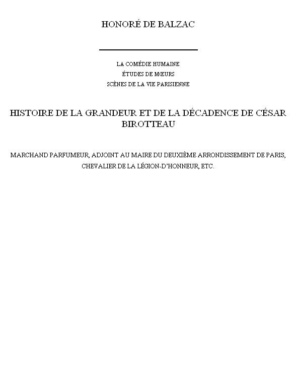 Histoire De La Grandeur Et De La Décadence De César Birotteau