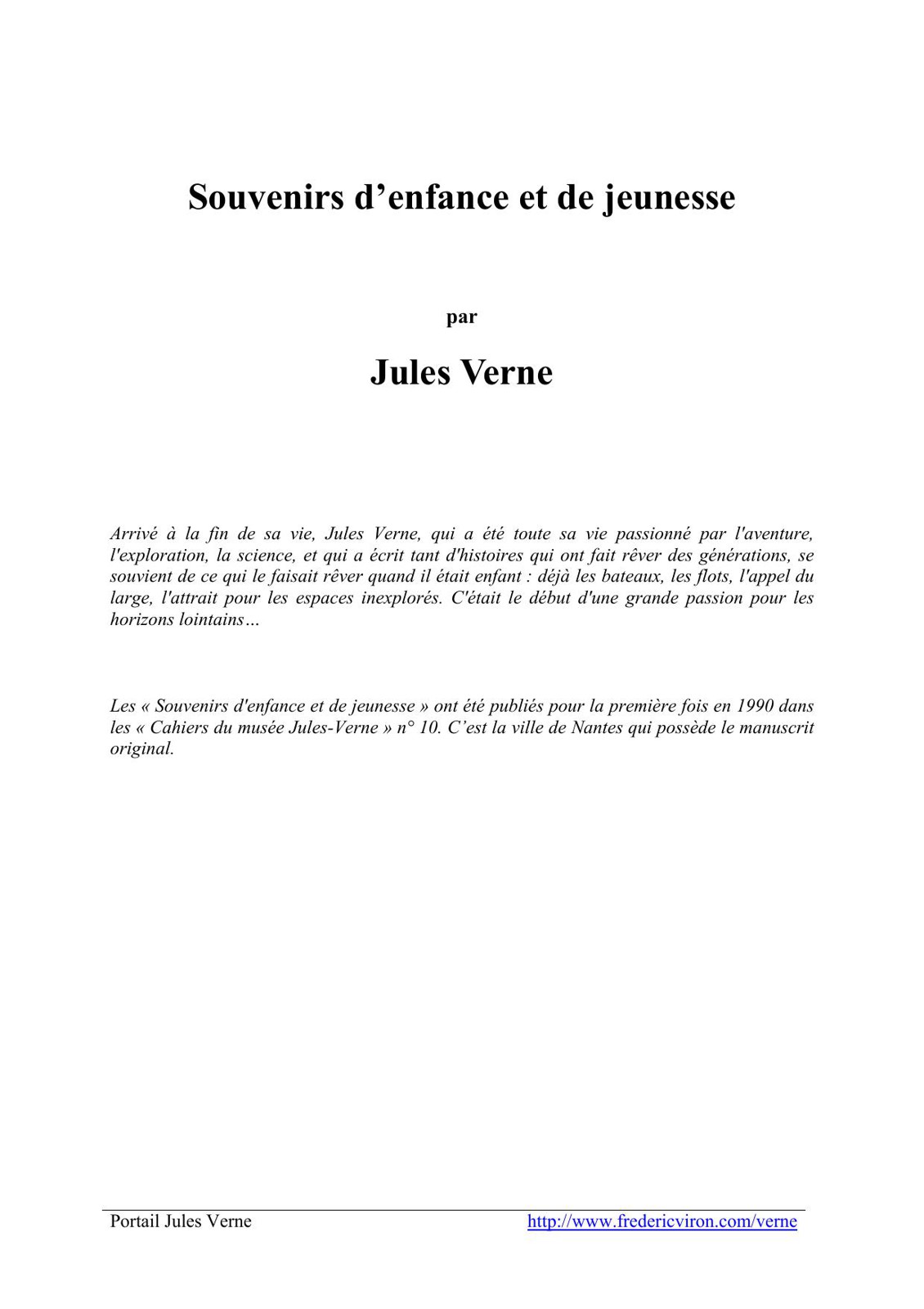 Souvenirs D'Enfance Et De Jeunesse